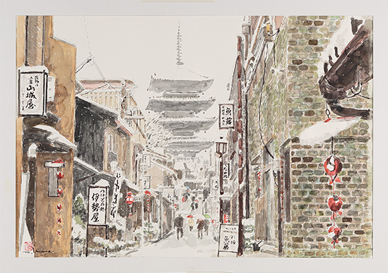京都、八坂の塔（雪日）